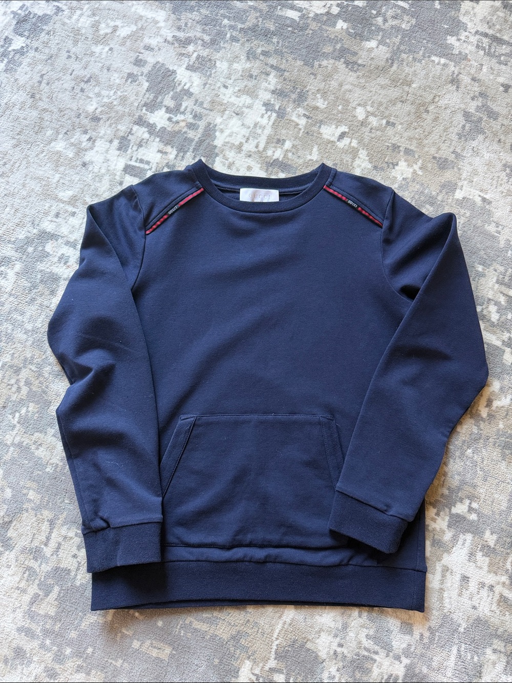 Gucci Boy’s Authentic Navy Crewneck Sweatshirt with Front Pocket, Size 8